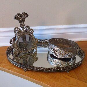 Vtg Extra Large Ormolu silver Perfume Decanter Bottle set with jewelry box